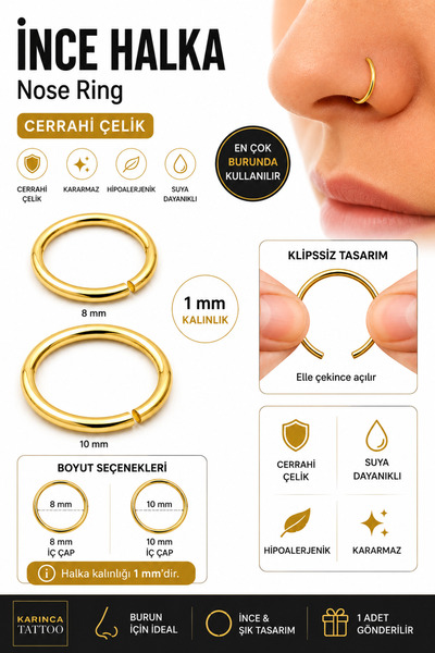 Karınca Piercing İnce Halka Piercing Helix Daith Rook Septum Cerrahi Çelik Ku...