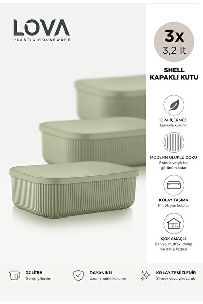 Lova Shell Çizgili Çok Amaçlı Düzenleyici Kapaklı Saklama Kutu 3,2 L (3 Adet )