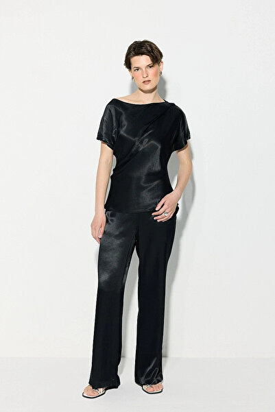 Gusto Wide Leg Viscose Satin Trousers - Black