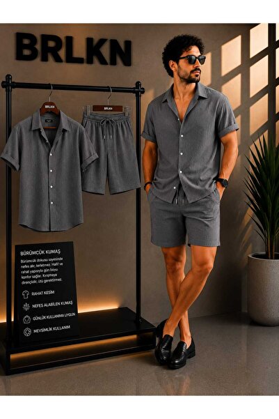 BRLKN Set cămașă și pantaloni scurți unisex, cu mânecă scurtă, din țesătură G...
