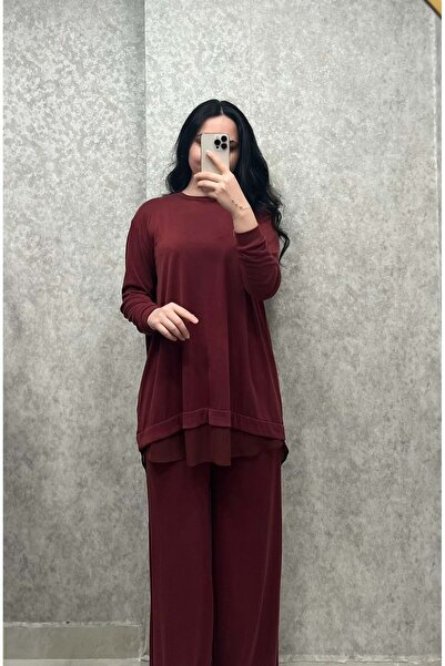 Puane 26Y14352 TAKIM TUNİK PANTOLON ETEK UCU ŞİFON DETAY BORDO