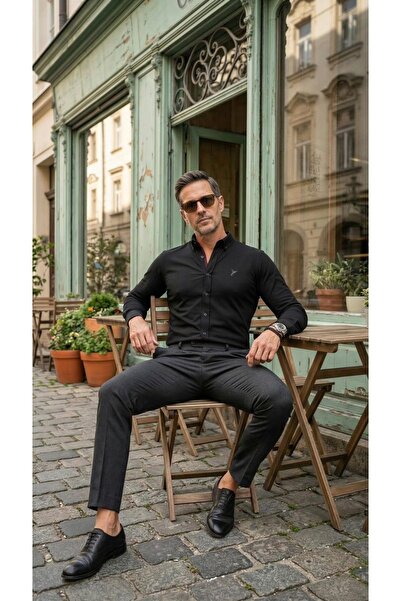 MEGALDİ Erkek Slim Fit Siyah Likralı Esnek Uzun Kollu Gömlek