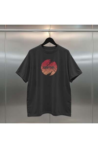 buzagi tasarım ürünleri Control Digital Print Oversize Unisex Black T-Shirt