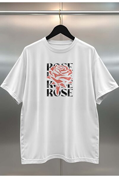 buzagi tasarım ürünleri Rose Digital Print Oversize White Unisex T-Shirt