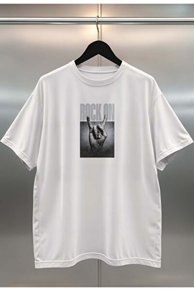 buzagi Rock on Digital Print Oversize White Unisex T-Shirt