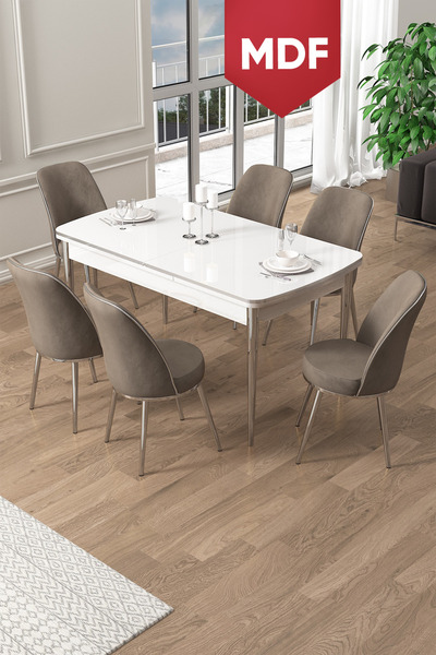 Canisa Pale Serisi 80x132 MDF Açılabilir Beyaz Mutfak Masa Takımı 6 Cappucino...