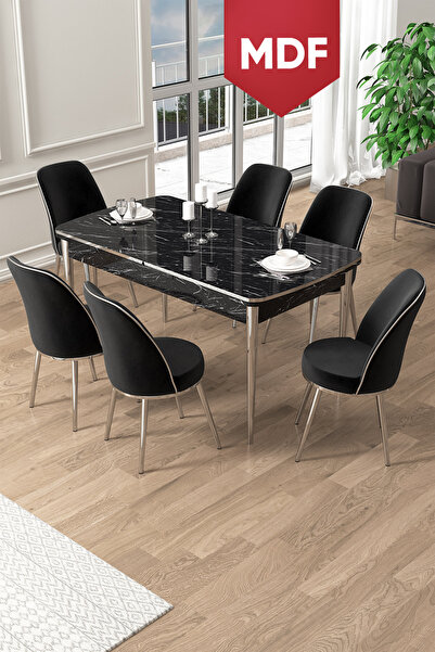 Canisa Pale Serisi 80x132 MDF Açılabilir Siyah Mermer Desen Mutfak Masa Takım...