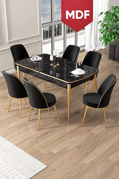 Canisa Pale Serisi 80x132 MDF Açılabilir Siyah Mermer Desen Mutfak Masa Takım...