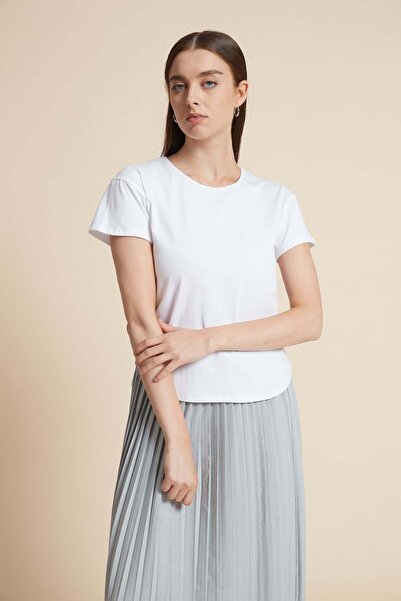 mica Solid Round Neck Short Sleeve Blouse