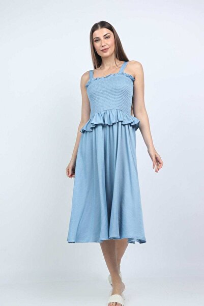 mica Plain Midi Dress with Simple Straps and Ruffled Waist and Bust
