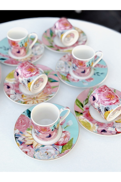 Lucky Art Peony Desenli 6 lı Bone China Porselen Kahve Fincanı seti 100 ml