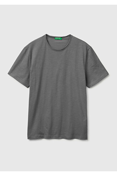 United Colors of Benetton تي شيرت رجالي من أنثراسايت 100% قطن بقصة عادية وياق...