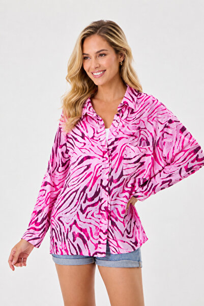İLKCET MODA Patterned Oversize Satin Women's Shirt with Pockets