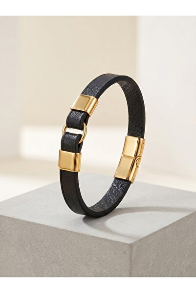 Parmas Design Black Leather Cord Yellow Steel Detailed Men's Gift Bracelet 01849
