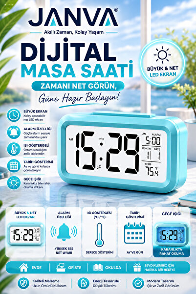 Janva Öğrenci Ders Çalışma Dijital Masa Saati Fotoselli Alarmlı Işıklı Termom...