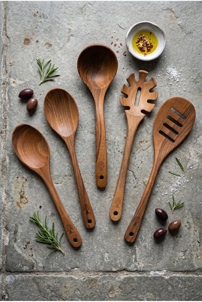 Öz Ahşap Handmade Antique Walnut 5-Piece Luxurious Water-Resistant Wooden Spoon Spatula Wooden Kitchen Set