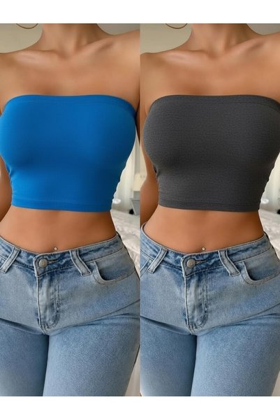 Olyssia Kadın 2'li Antrasit & Mavi Straplez Crop Top Büstiyer – Esnek Bandeau Bluz – Basic Şık Günlük Üst