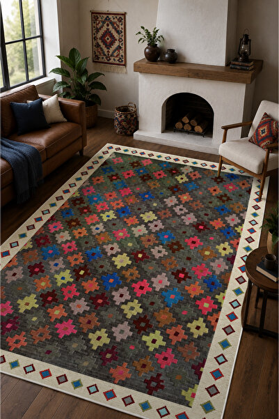 Pelura Halı Renkli Kilim Desenli Dijital Baskılı Yıkanabilir Kaymaz Salon Otu...