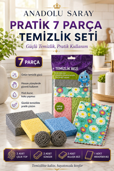 Anadolu Saray Set practic de curățare din 7 piese, burete, bilă de oțel, cârp...