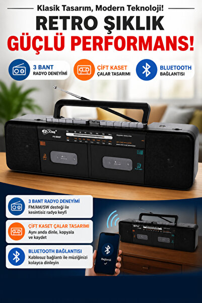 Coverzone Bluetooth Destekli Çift Kasetçalar Radyo USB TF MP3 Çalar Şarjlı Ta...