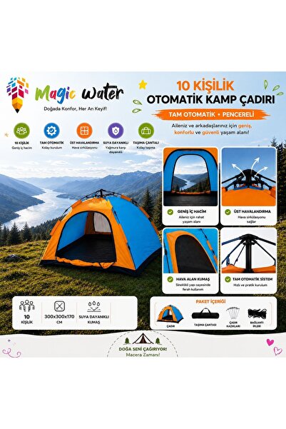 Magic Water 10 Kişilik Tam Otomatik Kamp Çadırı Kolay Kurulum Sineklikli 300X...