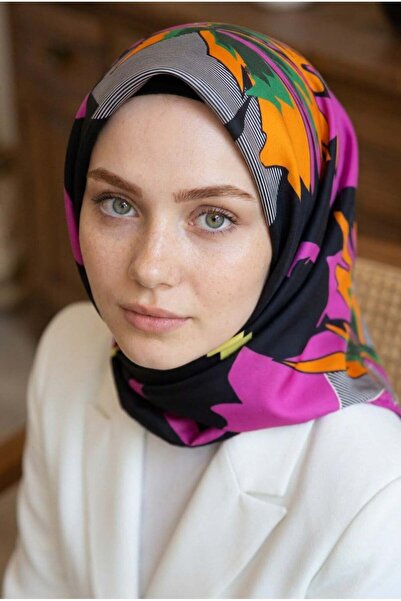 Vissona %100 Twill İpek Çiçek Desenli Siyah - Fuşya Renkli 90x90 Eşarp Dikim ...