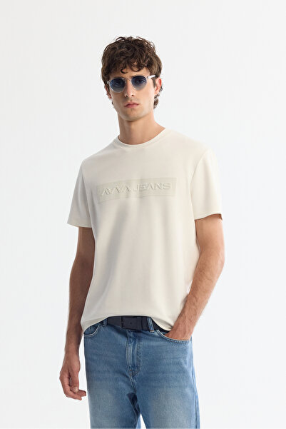 Avva Men's Ecru Crew Neck Printed Elastane Regular Fit T-Shirt A42Y1011