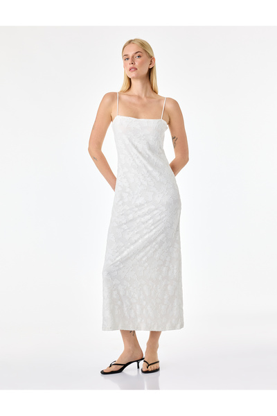 Koton Slim Fit Floral Lace Textured Thin Strap Midi Dress