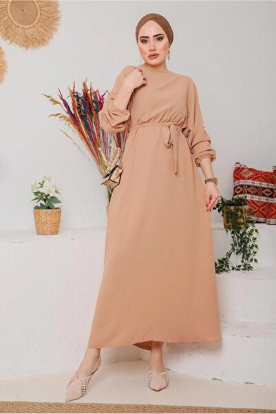 TRENDTESETTÜR KADIN KAHVE (CAMEL) MANŞETLERİ LASTİKLİ KUŞAKLI ELBİSE 1042