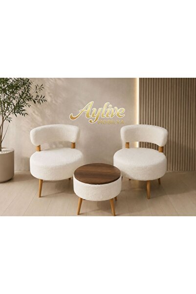 Aylive Mobilya Çay Seti İkili Koltuk Berjer Ve Beyaz Puf Takımı 3 lü Takım (B...
