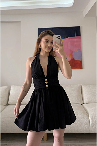 Myra Halter Neck Draped Mini Dress with Gold Detail - Black
