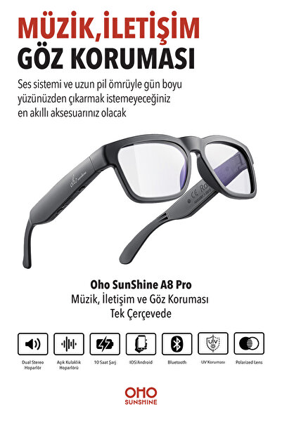 OhO sunshine A8 Pro Akıllı Gözlük - Bluetooth 5.2, Açık Kulak Ses Sistemi ve ...