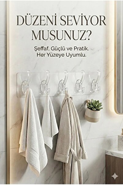 BRAMBLE LIFE 5'li Kendinden Yapışkanlı Güçlü Şeffaf Askılık - Kapı Arkası Mut...