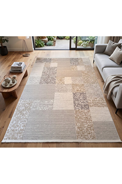 Merinos Vista Krem Kahve Renk %100 Akrilik Modern Geometrik Desen Yumuşak Dok...