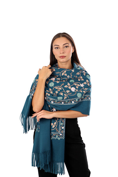 Bursa İpek Petrol Blue Embroidered Winter Shawl