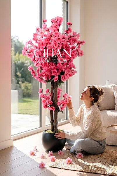Cihan Çiçekçilik Yapay Pembe Japon Bahar Dalı Ağacı 100 cm Siyah 27*33 Küre S...