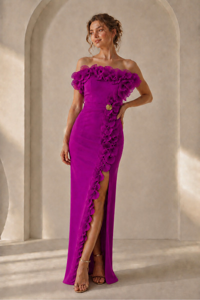 Divin store Rochie lungă elegantă magenta cu volane din mătase