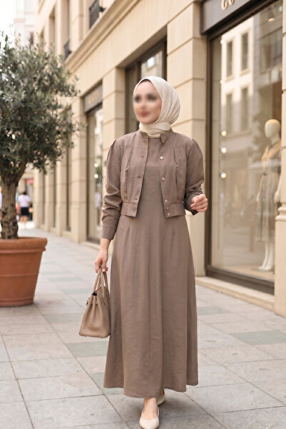 MUDUTEKSTİL Beli Büzgülü Jile Elbise Vizon