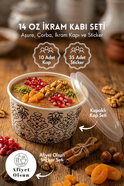 Bimotif 10lu Aşure, Çorba, İkram Kabı ve 35 Adet Afiyet Olsun Sticker Seti (1...