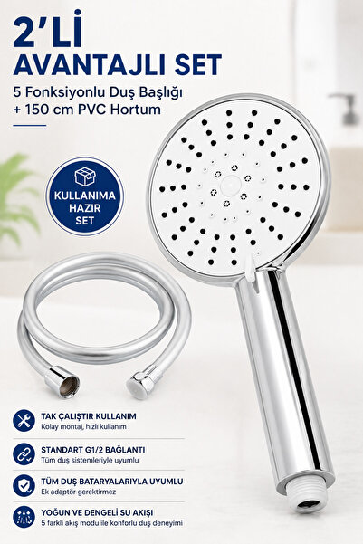 Plodna House 5 Fonksiyonlu Büyük Boy Duş Başlığı & Pvc Süper sağlam 150 cm Ho...