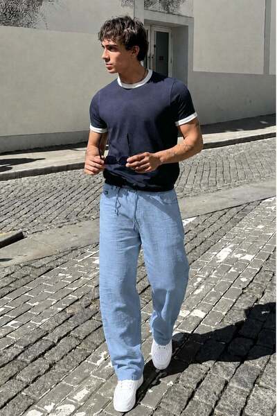 Madmext Light Blue Muslin Fabric Men's Basic Trousers 6507