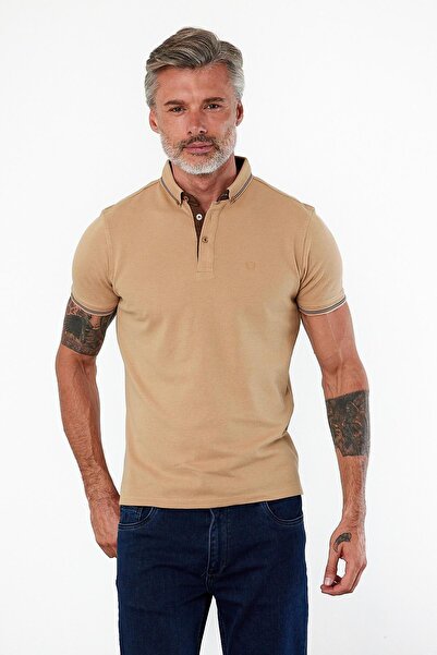 ENQUE Men's Close-Fitting Basic Polo Neck Short Sleeve Solid Stone T-Shirt