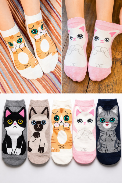 WORTHY SOCKS Чифт от 5 висококачествени цветни чорапи с котешки мотиви