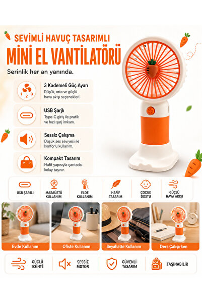 Cure Havuç Tasarımlı Mini El Vantilatörü USB Şarjlı 3 Kademeli Sessiz Taşınab...