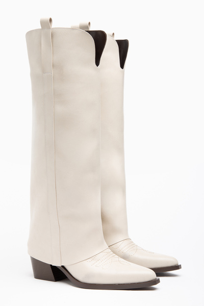 DENORA Beige Cream Matte Leather Trousers Flat Western Cowboy Boots
