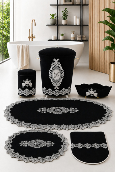 Bonny Home Lisa Siyah 6 Parça Dantelli Banyo Kirli Çamaşır Sepeti Seti Banyo ...