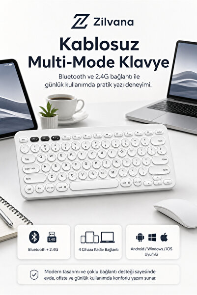 Zilvana Beyaz Kablosuz Bluetooth Klavye | Tablet Telefon PC Uyumlu Sessiz Yuv...