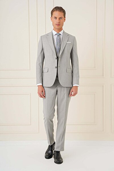 Efor Slim Fit Çift Yırtmaç Kırçıllı Dokuma Gri Yelekli Takım Elbise TK 902