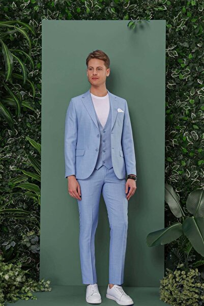 Efor Slim Fit Çift Yırtmaç Düz Mavi Yelekli Takım Elbise TK 872