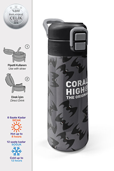 Coral High Kids Gray Black Bat Patterned Steel Thermos with Straw and Direct ...